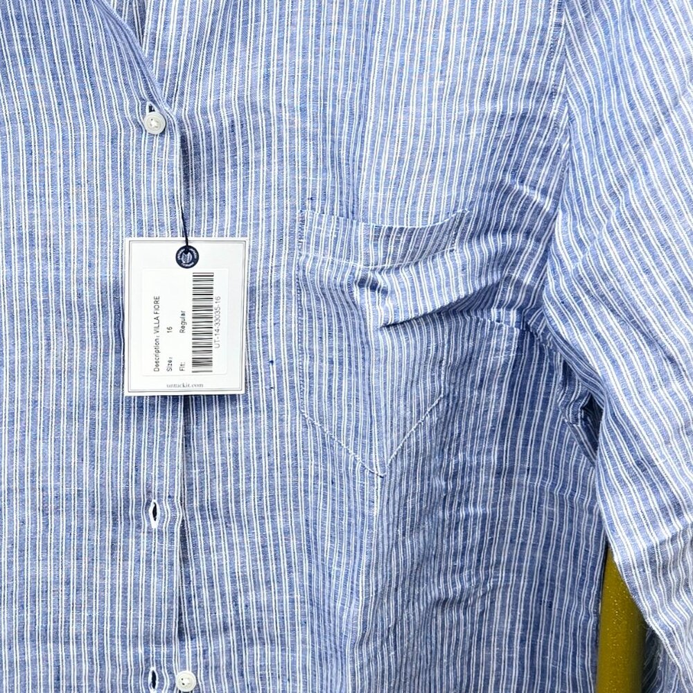 NWT UNTUCKit VILLA FIORE 100% LINEN BLUE WHITE PINSTRIPE BUTTON FRONT SHIRT - Picture 4 of 9